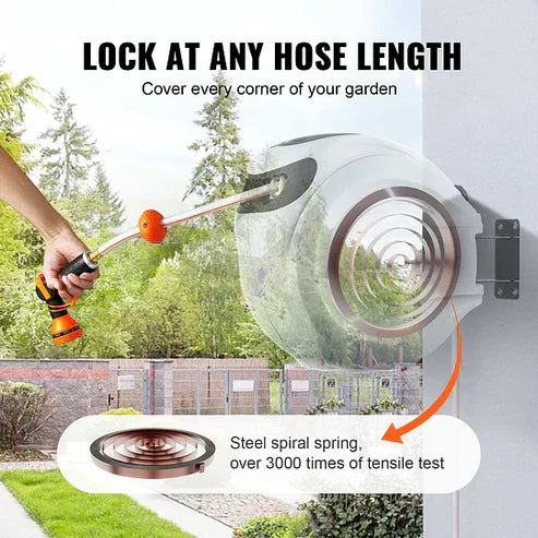 Auto-Rewind Hose Reel with 180° Swivel – Tangle-Free, Space-Saving, and Instantly Wall-Mounted