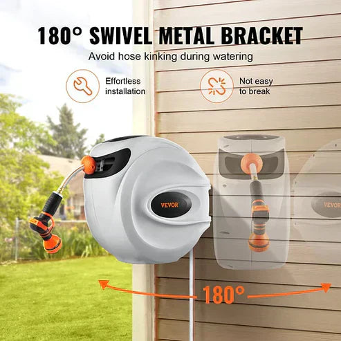 Auto-Rewind Hose Reel with 180° Swivel – Tangle-Free, Space-Saving, and Instantly Wall-Mounted